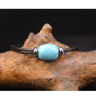 Bracelet ARTISANAL en perles de verre "turquoise opale" CUIR Noir