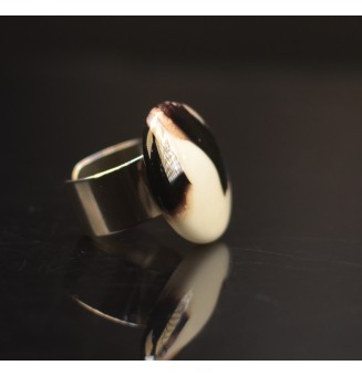 Bague en Verre Filé au Chalumeau "blanc noir"  - acier INOXYDABLE