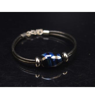 Bracelet ARTISANAL en perles de verre "noir bleu metallique" CUIR Noir