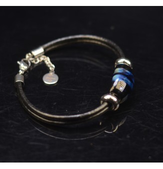 Bracelet ARTISANAL en perles de verre "noir bleu metallique" CUIR Noir