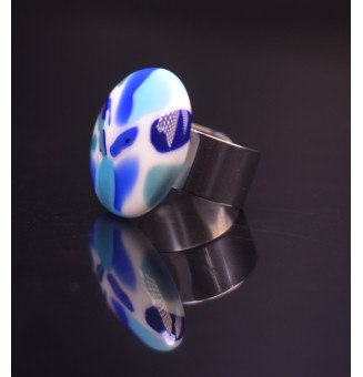 Bague en Verre Filé au Chalumeau "bleu blanc"  - acier INOXYDABLE