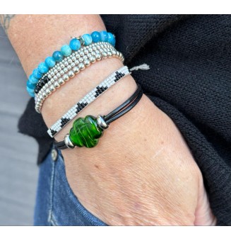 Bracelet ARTISANAL en perles de verre "vert rosetta" CUIR Noir