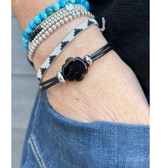 Bracelet ARTISANAL en perles de verre "noir" CUIR Noir