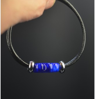 Bracelet ARTISANAL en perles de verre "bleu intense" CUIR Noir