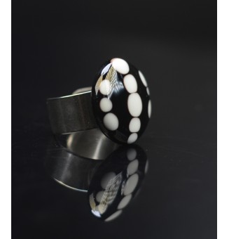 Bague en Verre Filé au Chalumeau "blanc noir"  - acier INOXYDABLE