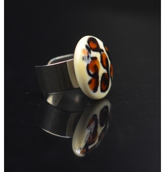 Bague en Verre Filé au Chalumeau "IVOIRE NOIR CARAMEL"  - acier INOXYDABLE