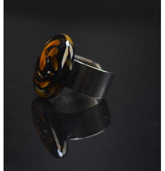 Bague en Verre Filé au Chalumeau "IVOIRE NOIR CARAMEL"  - acier INOXYDABLE