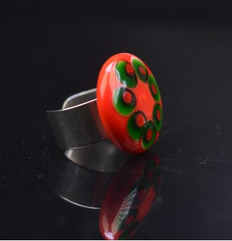 Bague en Verre Filé au Chalumeau "rouge vert"  - acier INOXYDABLE