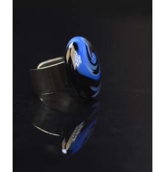 Bague en Verre Filé au Chalumeau "NOIR bleu"  - acier INOXYDABLE