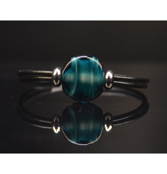 Bracelet ARTISANAL en perles de verre "bleu petrole " CUIR Noir