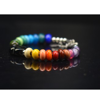 Bracelet ARTISANAL en perles de verre "multicolore" CUIR Noir