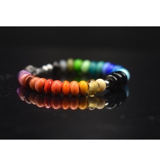 Bracelet ARTISANAL en perles de verre "multicolore" CUIR Noir