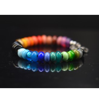 Bracelet ARTISANAL en perles de verre "multicolore" CUIR Noir