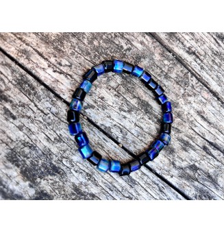 Bracelet Élastique en Perles de Verre "NOIR et bleu metal"