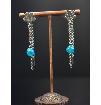 Boucles d'oreilles "bleu vert" double pendants en  acier inoxydable avec perles de verre