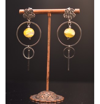 Boucles d'Oreilles  en Acier Inoxydable avec Perles de Verre jaune blanc