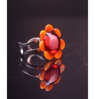 cabochon fleur artisanal en verre "rose orange" pour bague ou collier interchangeable en verre  (sans le support )