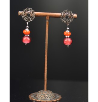 Boucles d'Oreilles  en Acier Inoxydable avec Perles de Verre orange rose