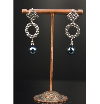 Boucles d'oreilles en acier inoxydable avec perles de verre filé couleur BLEU Métallisé - Création unique