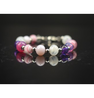 Bracelet "blanc rose violer" en perles de verre filé – Un éclat de couleurs à votre poignet (17.5 / 19 cm)
