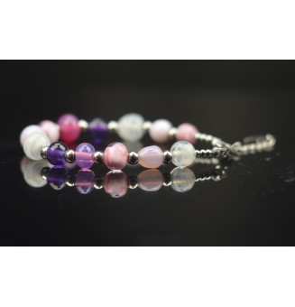 Bracelet "blanc rose violer" en perles de verre filé – Un éclat de couleurs à votre poignet (17.5 / 19 cm)