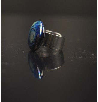 Bague en Verre Filé au Chalumeau "noir reflets metalliques"  - acier INOXYDABLE