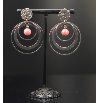 Boucles d'Oreilles  en Acier Inoxydable avec Perles de Verre rose framboise
