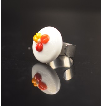 Bague en Verre Filé au Chalumeau "blanc et multicolore"  - acier INOXYDABLE