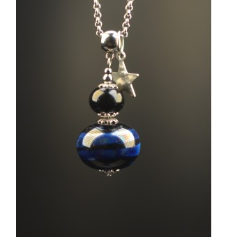 Collier "noir et bleu psychél" en Perles de Verre et acier inoxydable