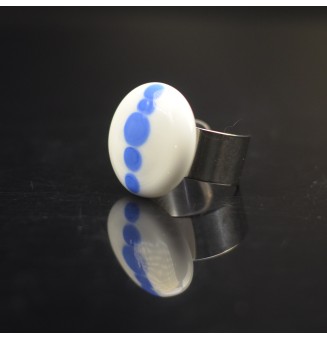 Bague en Verre Filé au Chalumeau "blanc bleu"  - acier INOXYDABLE