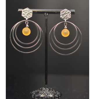 Boucles d'Oreilles  en Acier Inoxydable avec Perles de Verre jaune givré