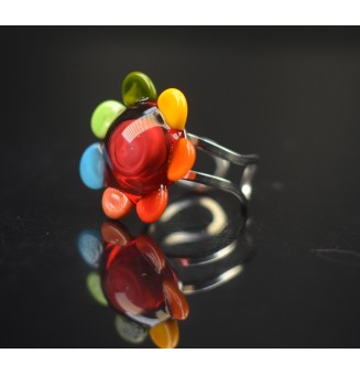 cabochon fleur artisanal en verre "multicolore" pour bague ou collier interchangeable en verre  (sans le support )