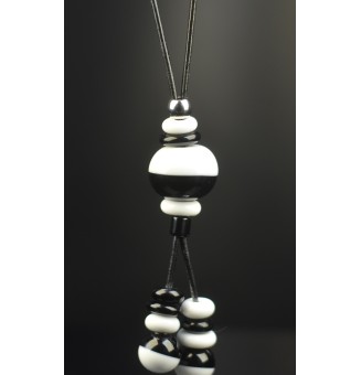 collier avec perles de verre NOIR BLANC  70 cm et cuir noir