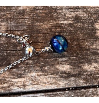 collier artisanal étoile 44 + 3 cm "noir et bleu psyché" perles de verre filé - acier inoxydable