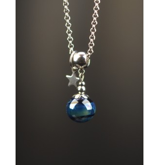 collier artisanal étoile 44 + 3 cm "noir et bleu psyché" perles de verre filé - acier inoxydable