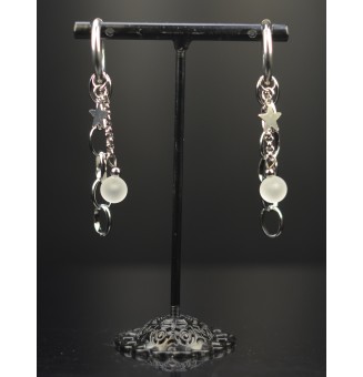 Boucles d’Oreilles ROCK en Verre "blanc givré" et acier inoxydable -  par Liloo Créations