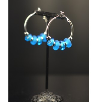 Créoles 3 cm en Acier Inoxydable avec perles de verre "BLEU turquoise"