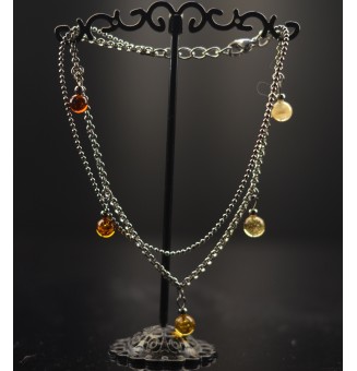 Bracelet de cheville double chaine en acier inoxydable, avec perles de verre "ambre" 23 cm + 3 cm