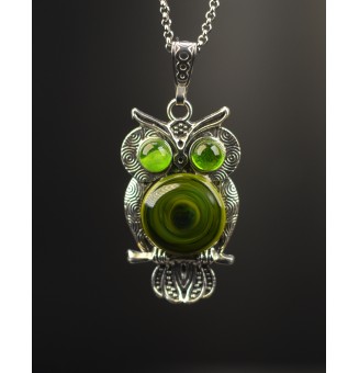 collier hibou 48+ 3 cm "vert riche " perles de verre filé au chalumeau