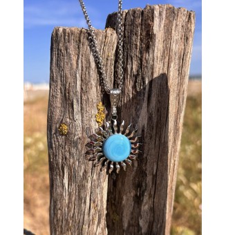 Collier Soleil turquoise en Acier Inoxydable avec Perle de Verre Filé 42 cm
