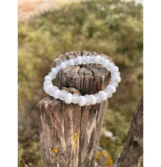 bracelet élastique Mixte (homme/femme) BLANC givré ET BRILLANT en perles de verre filé (poignet 15.5 à 16.5 cm)