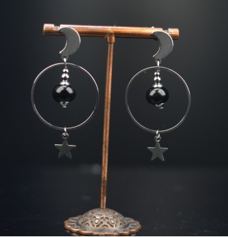 Boucles d'oreilles "noires" acier inoxydable avec perles de verre