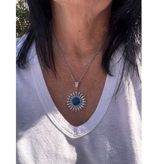 Collier Soleil turquoise en Acier Inoxydable avec Perle de Verre Filé 43+3 cm