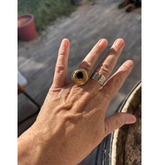 Bague en Verre Filé au Chalumeau "noir"  - acier INOXYDABLE doré