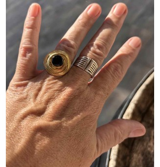 Bague en Verre Filé au Chalumeau "noir"  - acier INOXYDABLE doré