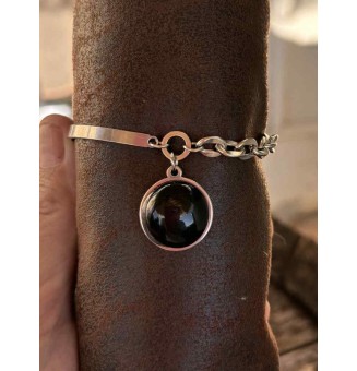 Bracelet demi-jonc en acier inoxydable avec cabochon en verre filé – noir