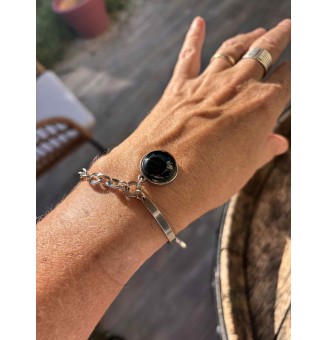 Bracelet demi-jonc en acier inoxydable avec cabochon en verre filé – noir