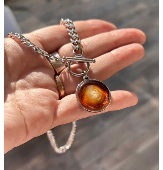 Collier cabochon en verre filé – Chaîne à gros maillons - couleur ambré - acier inoxydable