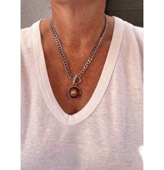 Collier cabochon en verre filé – Chaîne à gros maillons - couleur ambré - acier inoxydable