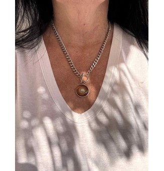 Collier cabochon en verre filé – Chaîne à gros maillons - couleur ambré - acier inoxydable